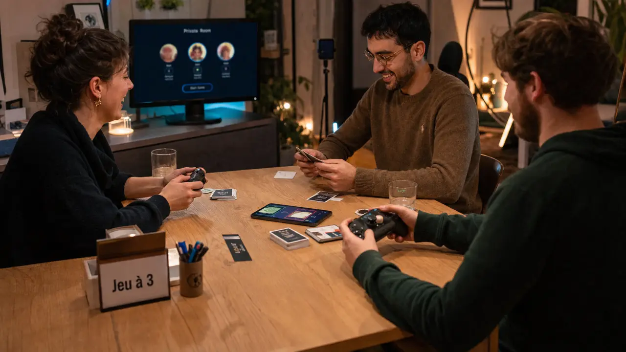 Jeu a 3 : trois amis jouent sur table avec smartphone