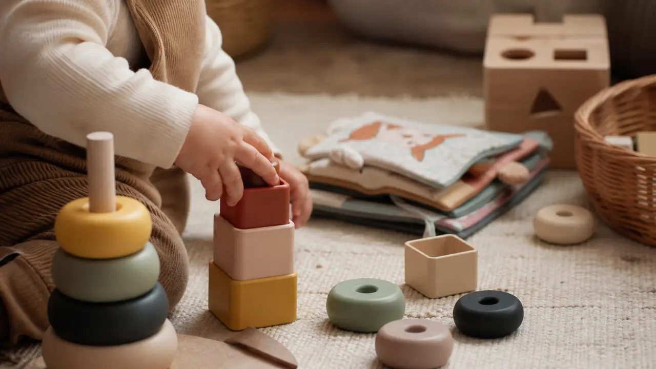 Jouets pour bebe 1 an : cubes et anneaux à enfiler au sol