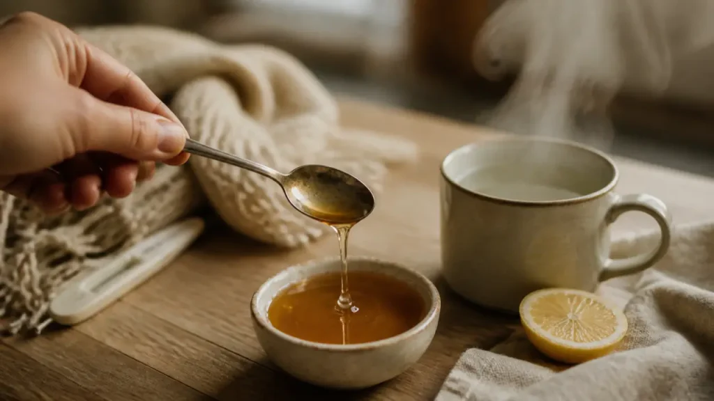 Miel contre le mal de gorge : sapin, eucalyptus, eau tiède et signaux d’alerte