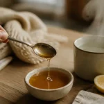 Miel et mal de gorge : bol de miel ambré et eau tiède fumante