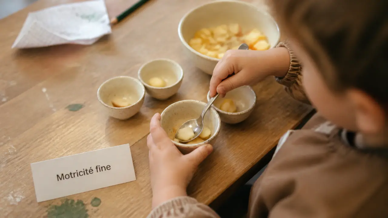 Motricite fine : enfant transvasant des fruits avec une cuillère