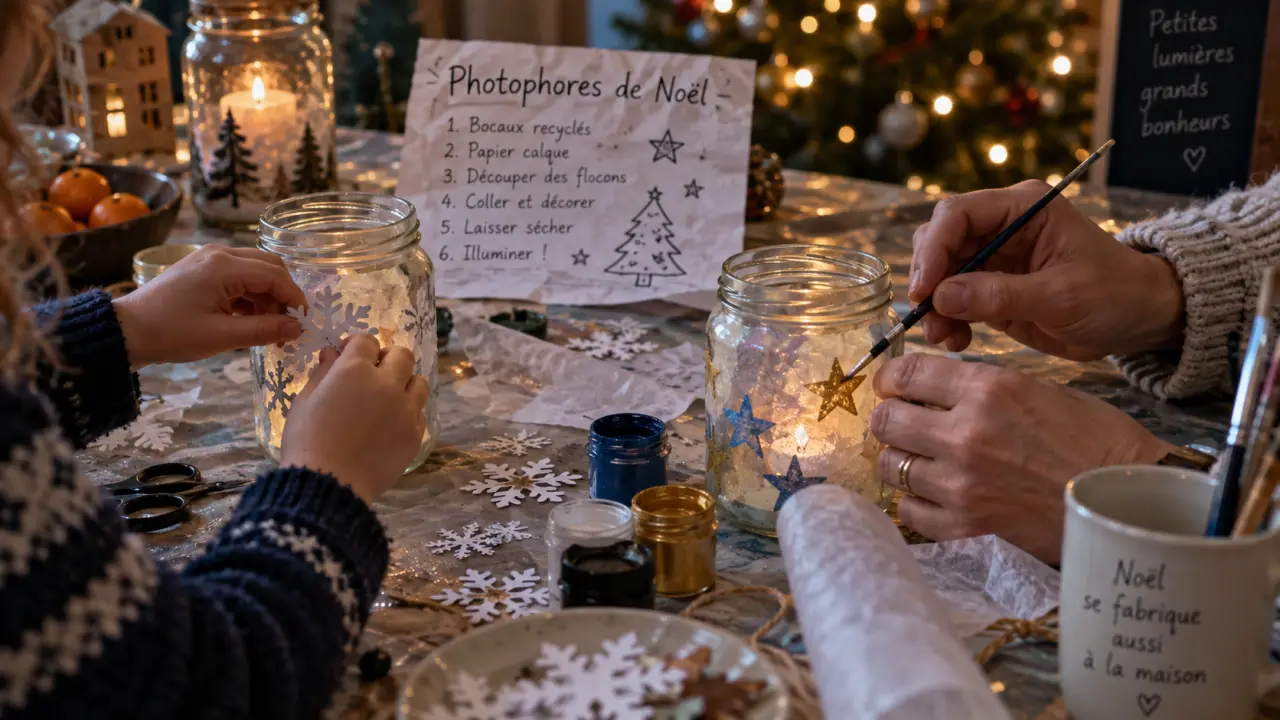 Activités de noël pour enfants : photophores faits main sur table