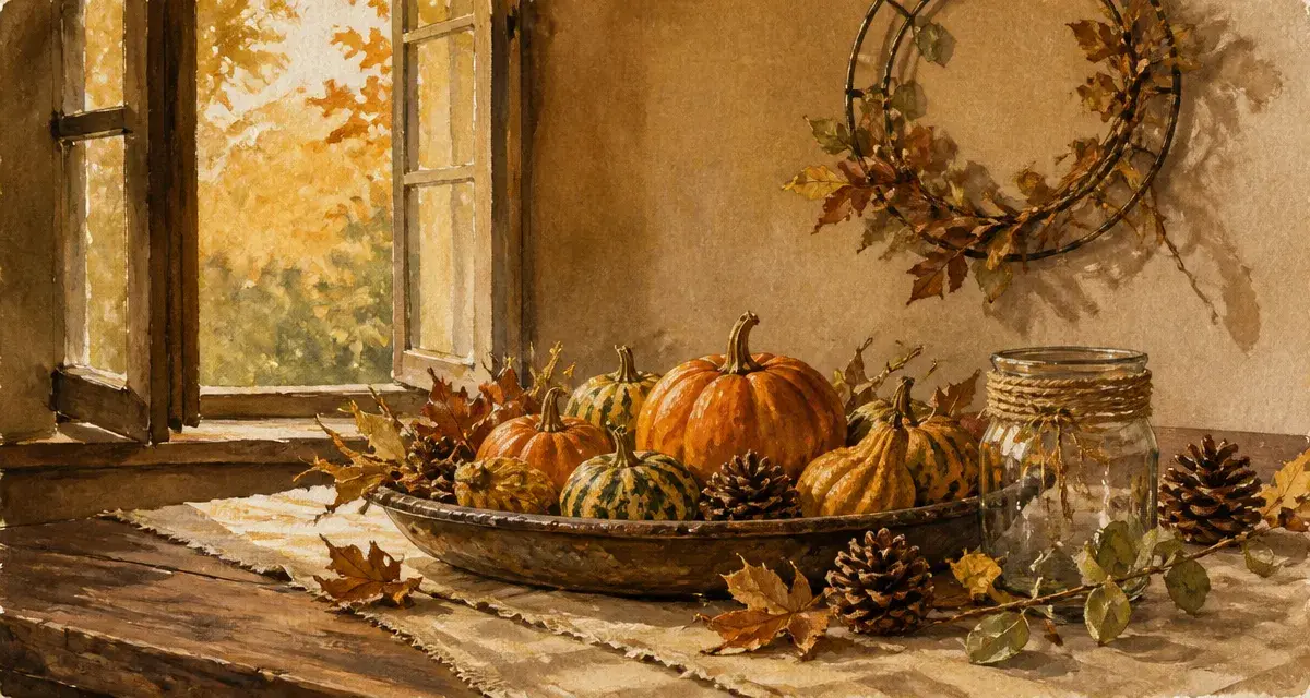 Décoration d’automne fait maison : table rustique avec potimarrons et feuilles séchées