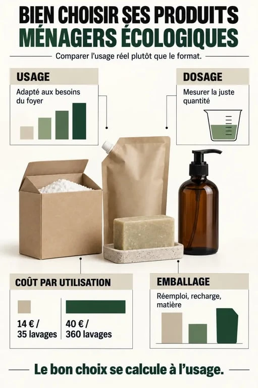 Infographie pour choisir des produits ménagers écologiques selon l’usage, le dosage, le coût et l’emballage