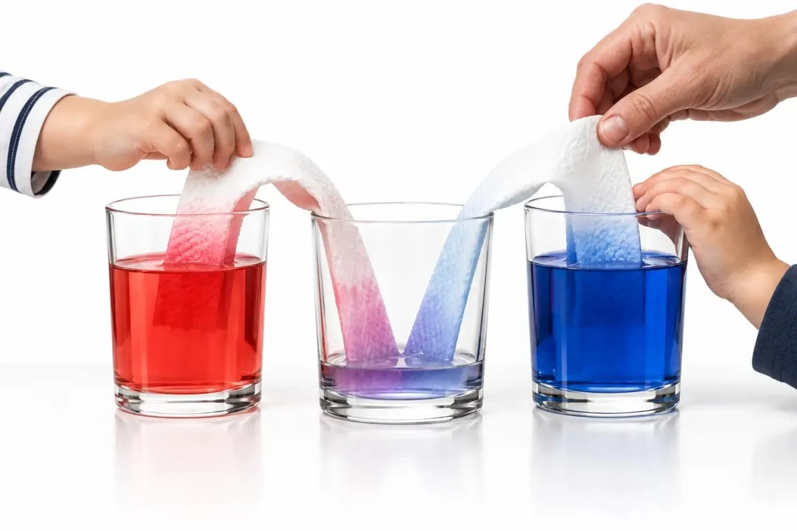 Activités scientifiques enfants : expérience de capillarité avec trois verres et de l’eau colorée