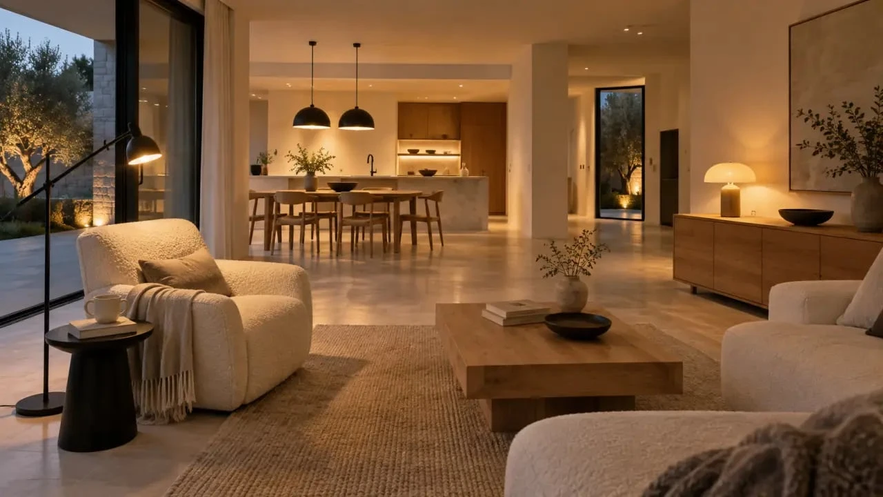 Jolie maison décoration : séjour avec éclairage général, fonctionnel et d'ambiance