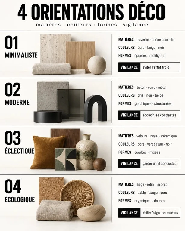 Jolie maison décoration : comparaison visuelle des styles minimaliste, moderne, éclectique et écologique