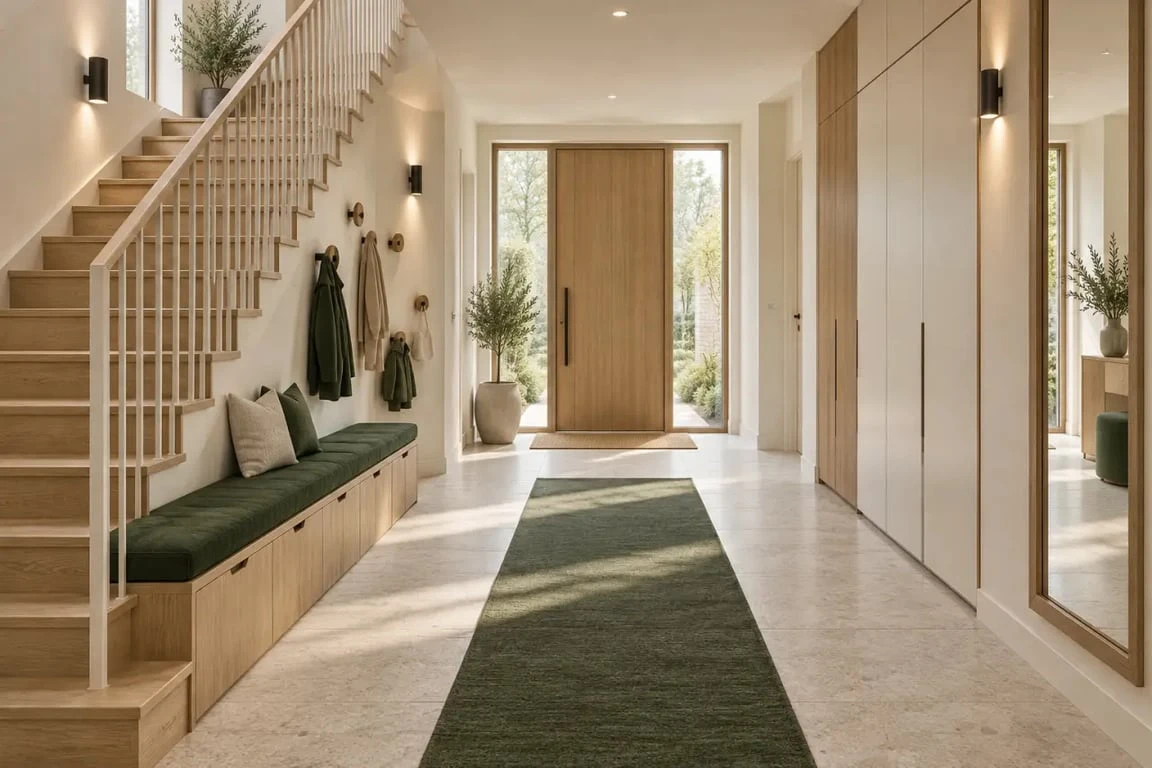 Décoration entrée de maison avec escalier, banc-coffre et rangements familiaux
