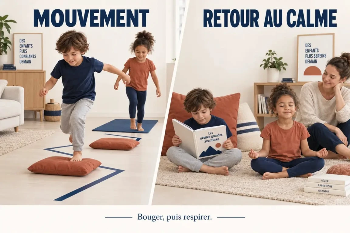 Activité enfants à la maison alternant parcours moteur et retour au calme