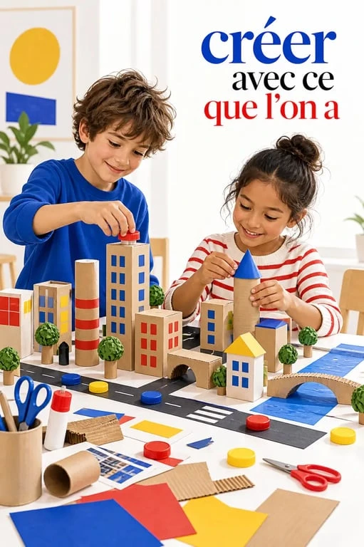 Activité enfants à la maison avec des matériaux recyclés pour créer une ville miniature