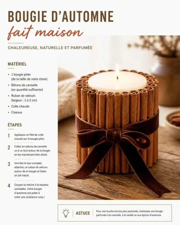 Bougie décorée à la cannelle pour une décoration d'automne fait maison