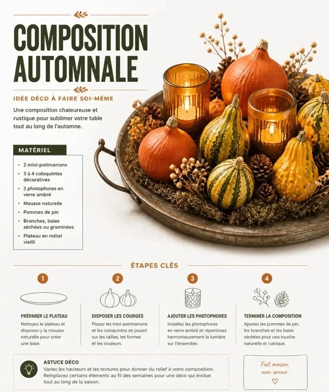Composition de table avec potimarrons pour une décoration d'automne fait maison