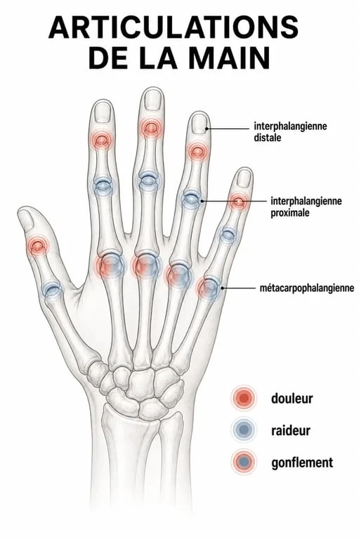 Douleurs aux doigts articulations : schéma des articulations de la main et zones de douleur