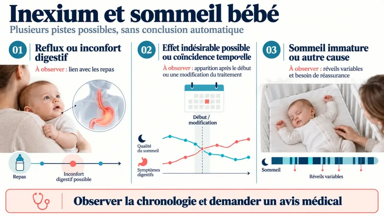 Infographie Inexium et sommeil bébé : distinguer reflux, effet indésirable possible et sommeil immature