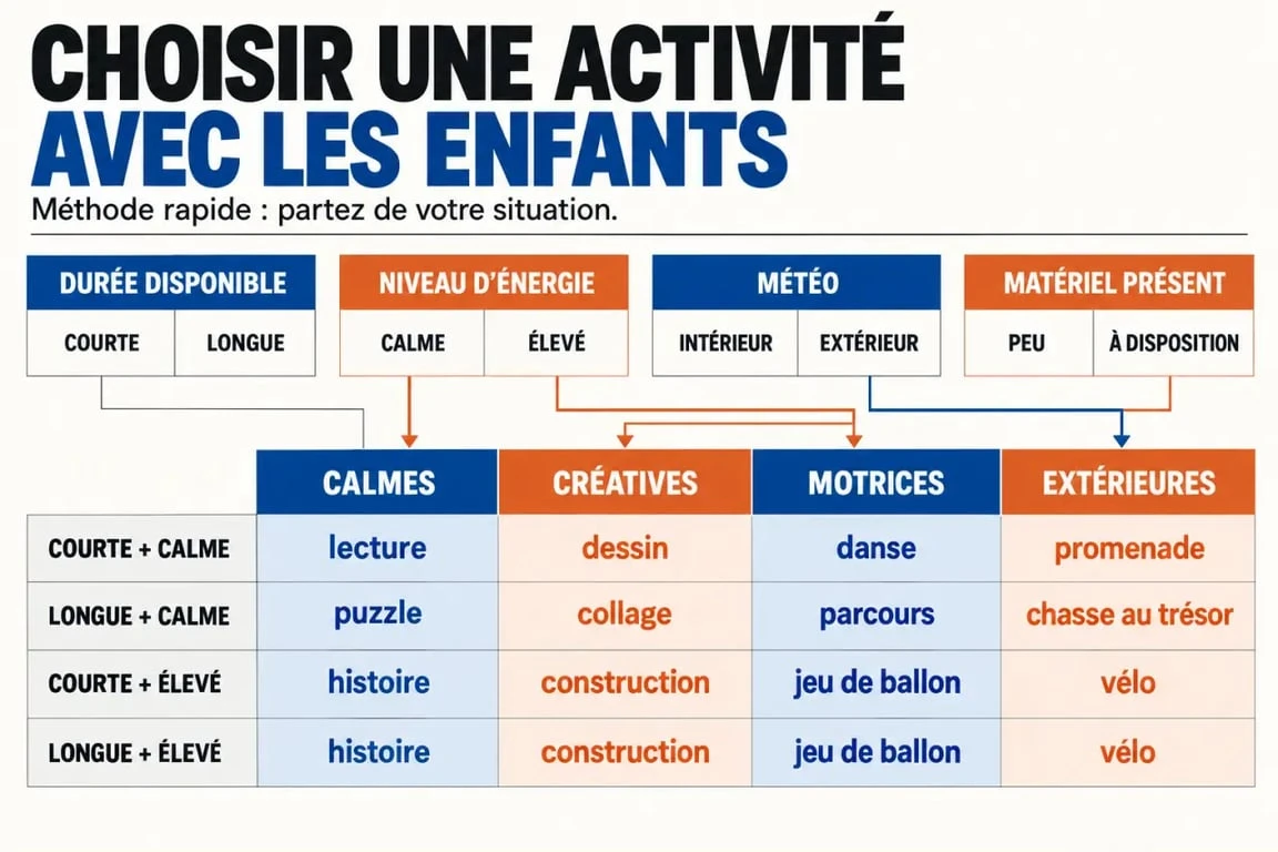 Infographie pour choisir des activités à faire avec les enfants selon la durée, la météo et leur énergie