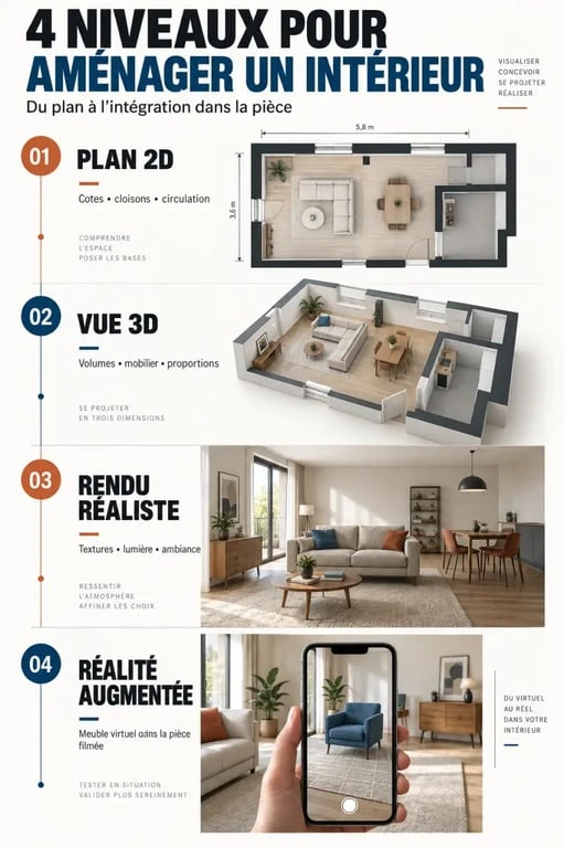 Application aménagement intérieur : différences entre plan 2D, vue 3D, rendu réaliste et réalité augmentée
