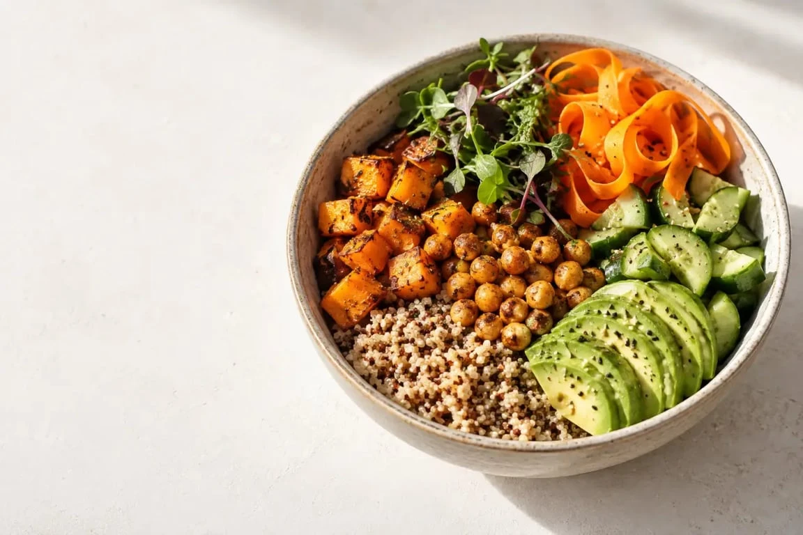 Recettes pour la santé : bowl de quinoa, pois chiches rôtis et légumes croquants