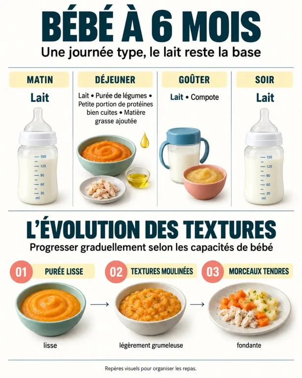 Infographie alimentation bébé 6 mois avec tableau des repas, textures et place du lait