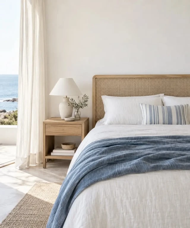 Chambre avec décoration maison bord de mer, tête de lit en bois clair, lin et linge bleu délavé