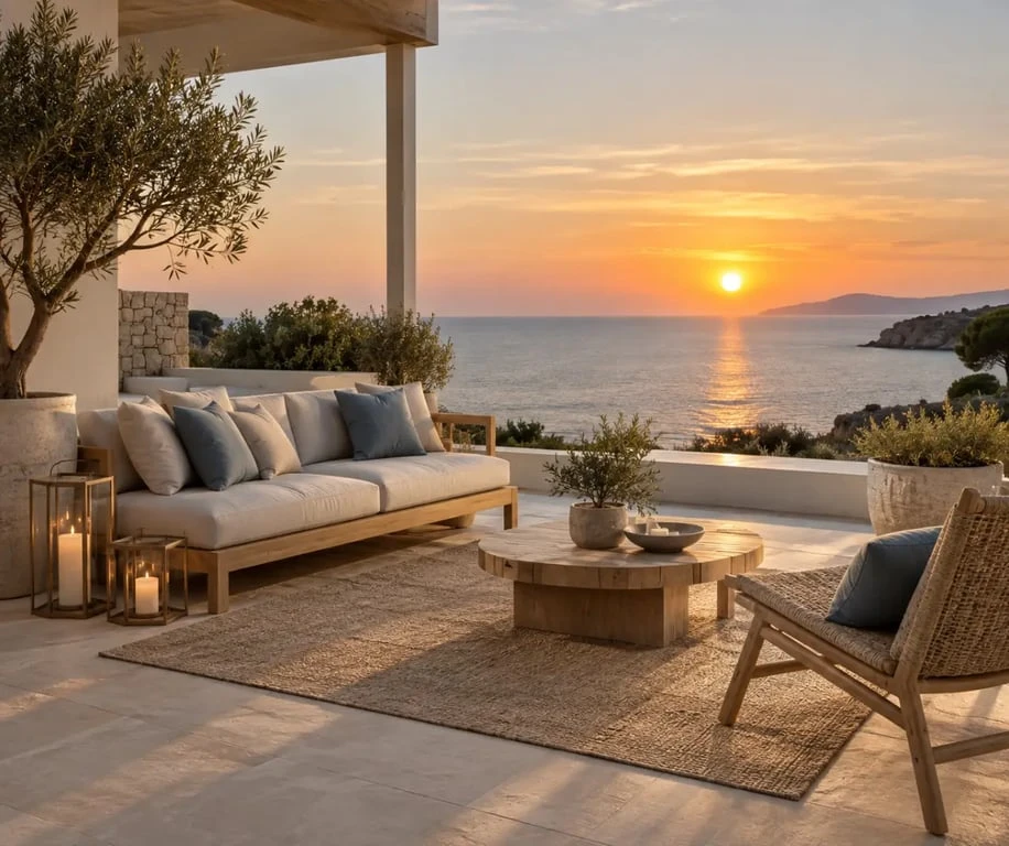 Terrasse avec décoration maison bord de mer, mobilier extérieur, lanternes et coussins bleu doux