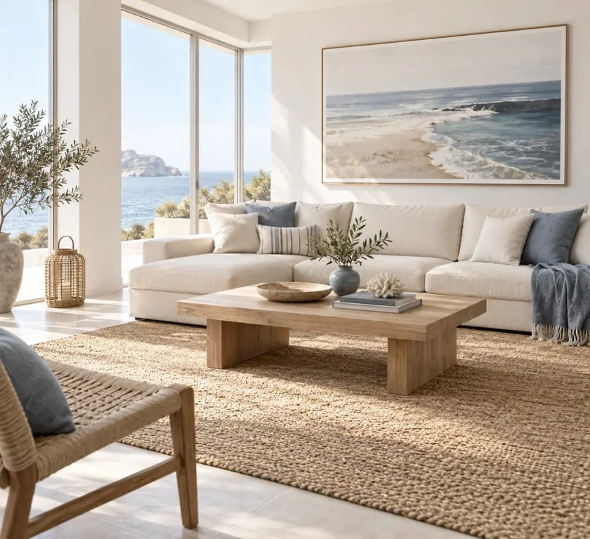 Salon lumineux avec décoration maison bord de mer, bois clair, tapis en jute et touches de bleu grisé