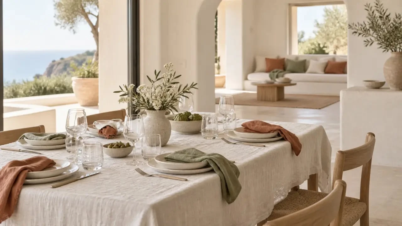 Décoration d’une maison de vacances avec table dressée, nappe et serviettes en textile