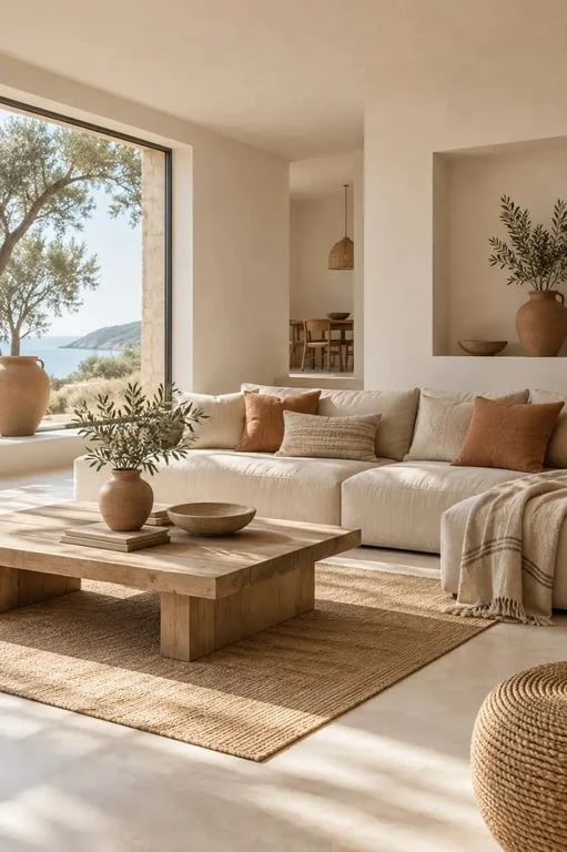 Décoration d’une maison de vacances avec salon chaleureux, coussins et textiles naturels