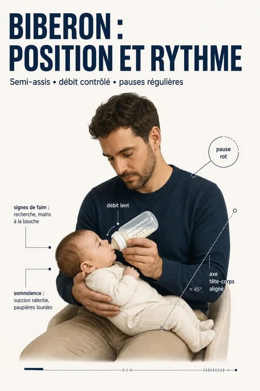 bébé s'endort au biberon : illustration de la position semi-assise et des signes à observer