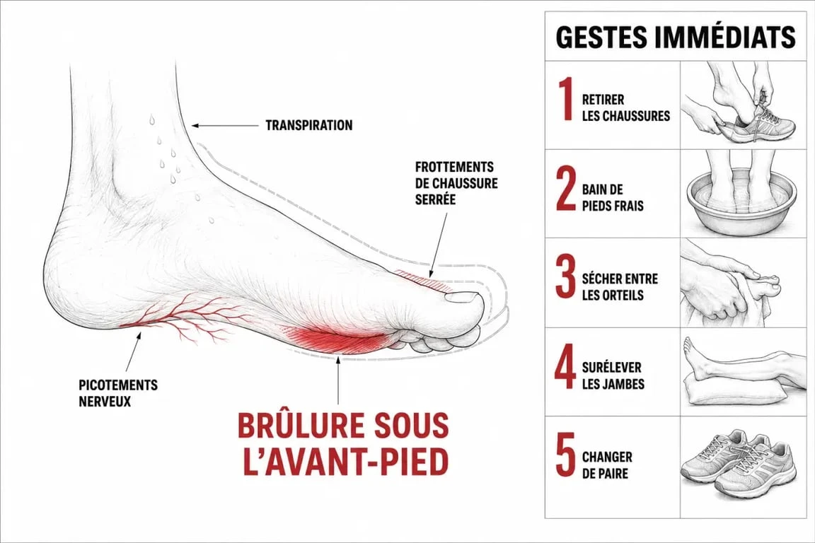 Brulure sous les pieds que faire : schéma des causes fréquentes et des gestes immédiats pour soulager