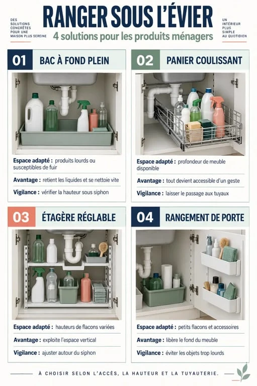 Rangement produits ménagers sous évier avec comparaison des solutions de stockage
