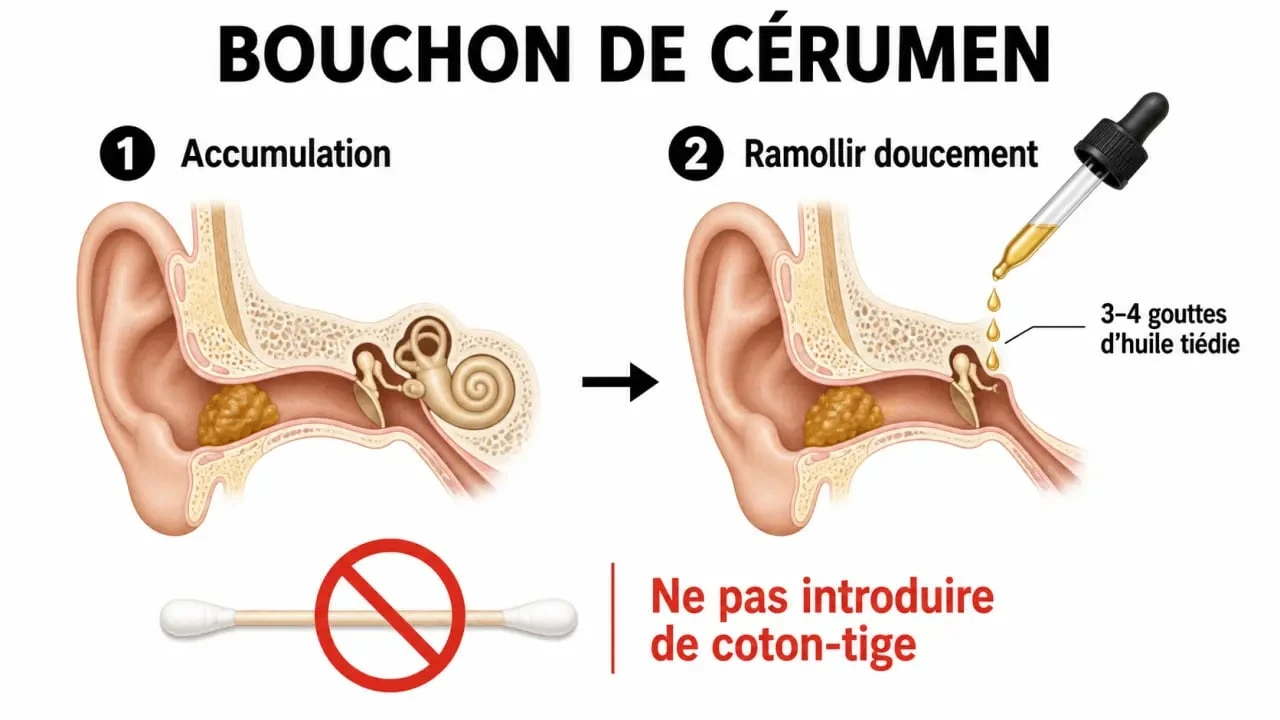 Enlever bouchon cerumen remede de grand mere : schéma de l’oreille avec ramollissement doux et coton-tige à éviter