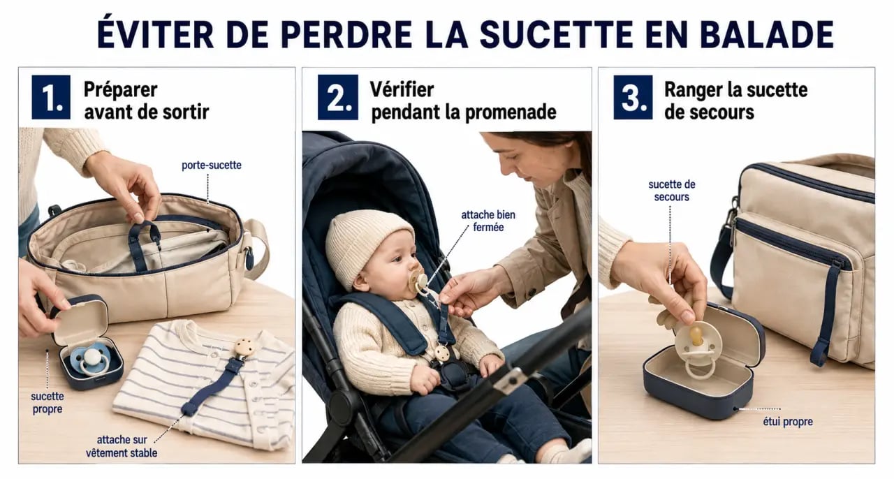 Comment éviter de perdre la sucette de bébé en balade : illustration des bons réflexes avec attache-tétine, porte-sucette et contrôle avant de sortir