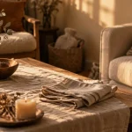 Maison de vacances décoration textile : lin et coussins pour ralentir