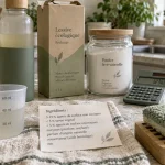 Produits ménagers écologiques : doseur et ingrédients sur un torchon, éponge lavable et recharges