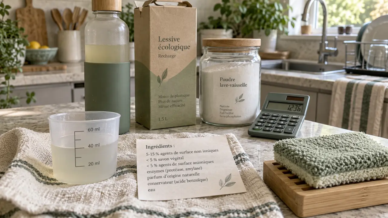 Produits ménagers écologiques : doseur et ingrédients sur un torchon, éponge lavable et recharges