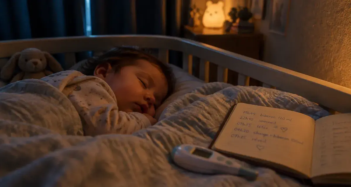 dette de sommeil bébé : bébé endormi, carnet d’horaires et thermomètre