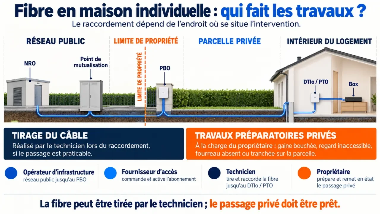 Infographie expliquant qui doit faire les travaux pour la fibre maison individuelle entre le réseau public, la propriété privée et le logement