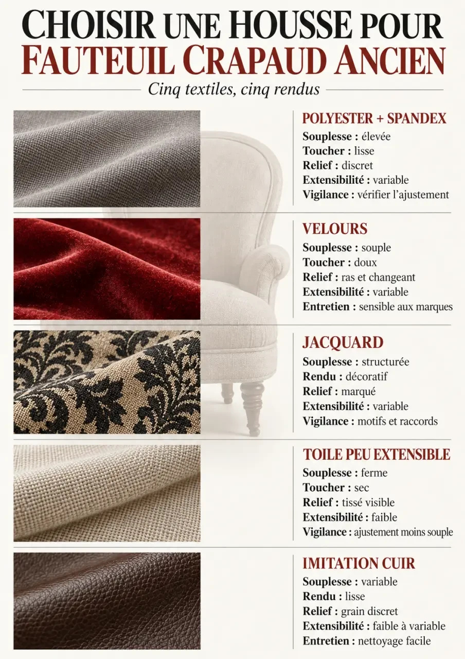 Infographie pour choisir une housse fauteuil crapaud ancien selon la matière et l'usage