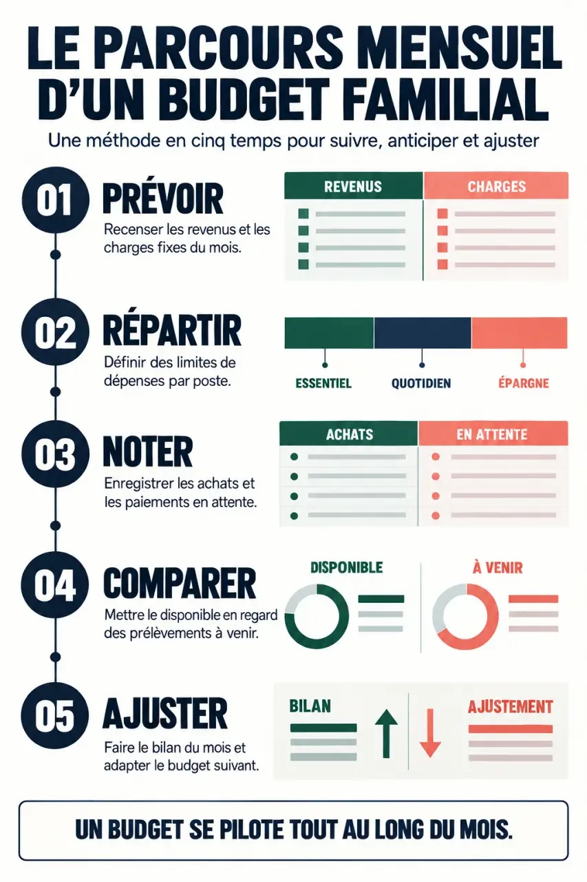 Infographie sur les agendas cahier pour faire budget familial et les étapes du suivi mensuel