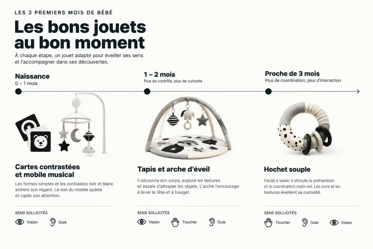 Frise des jouets d'éveil bébé 0 3 mois selon le stade : naissance, 1-2 mois et proche de 3 mois