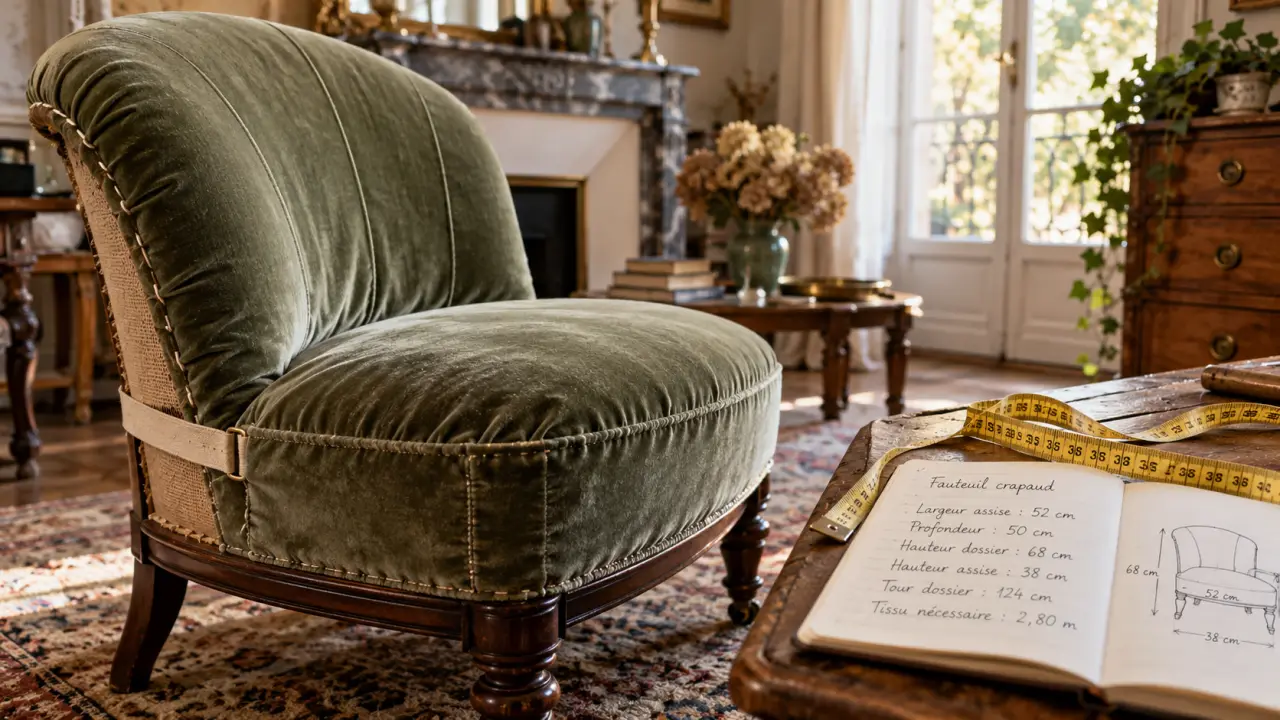 Housse fauteuil crapaud ancien sur mesure, mètre et mesures avant velours