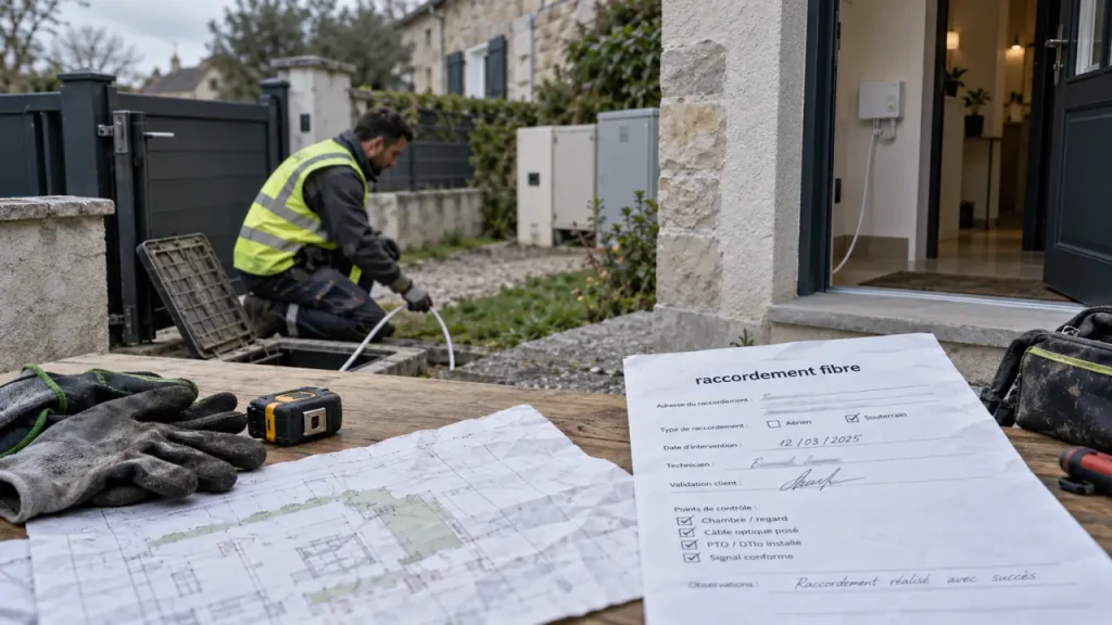 Qui doit faire les travaux pour la fibre maison individuelle : technicien installe un câble jusqu’à la PTO