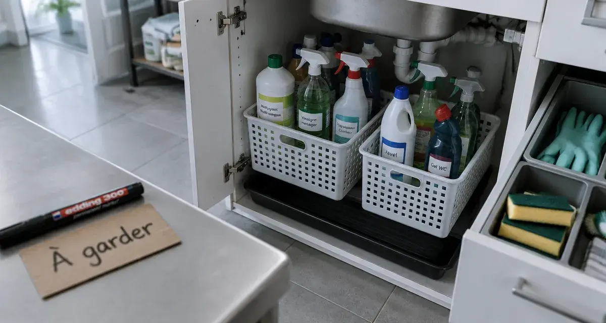 Ranger produits ménagers : placard sous évier, bouteilles étiquetées et bacs.
