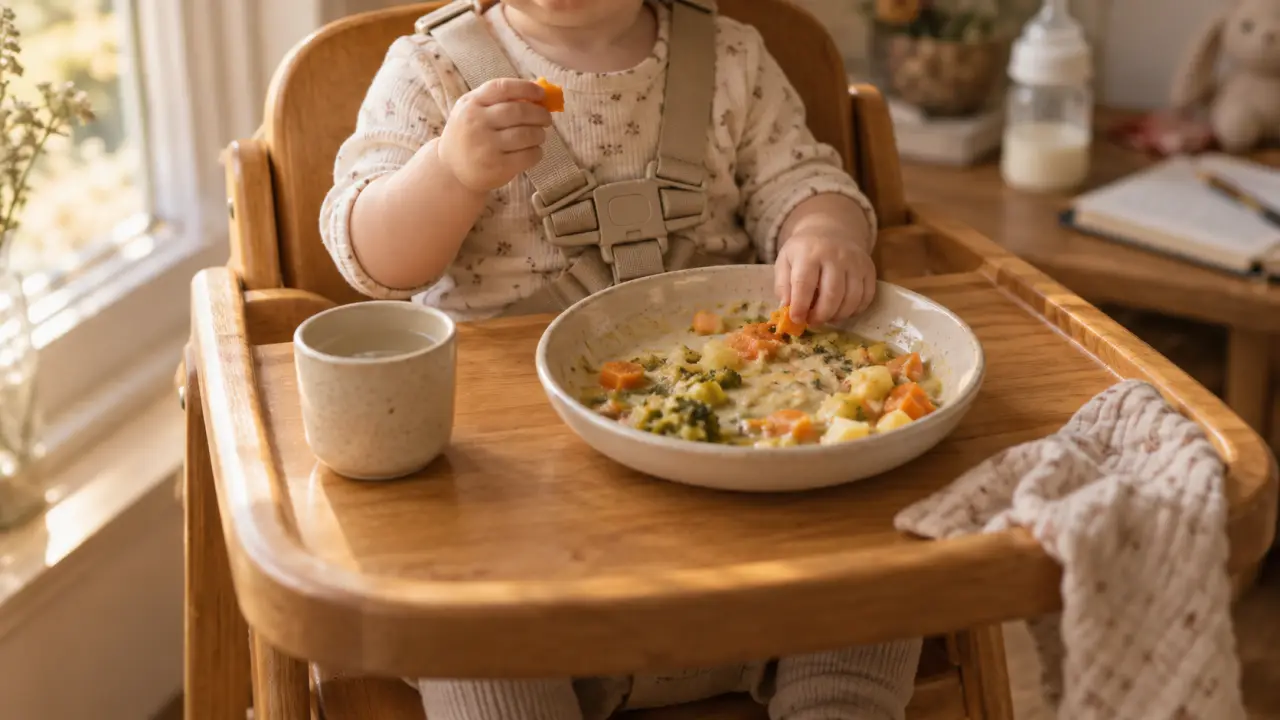 Tableau alimentation bébé 10 mois : purée et eau en chaise haute