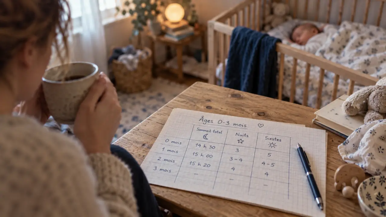 Tableau sommeil bébé sur une table, suivi 0-3 mois, bébé endormi
